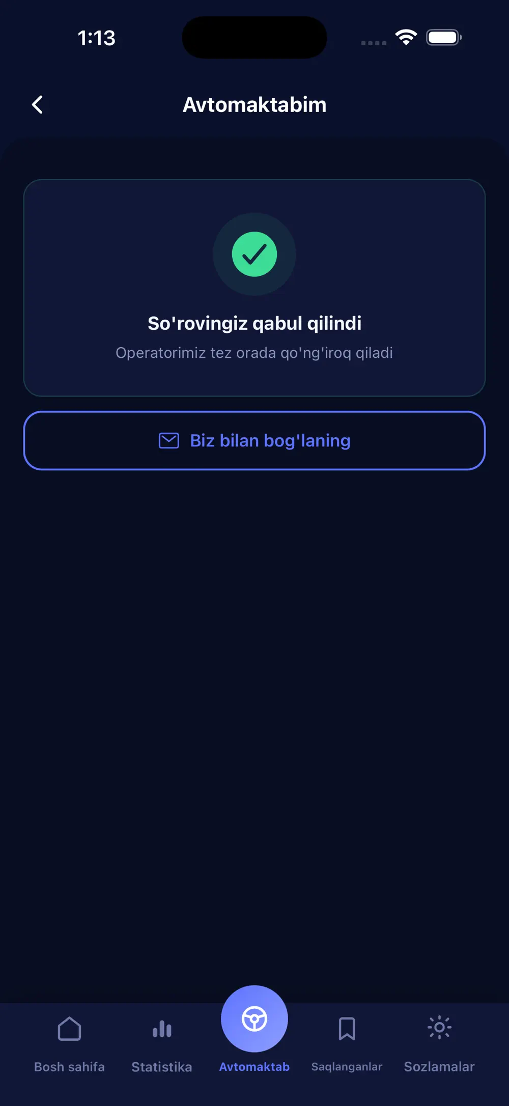 Avtomaktabim ekrani: so'rov qabul qilindi, operator qo'ng'iroq qiladi